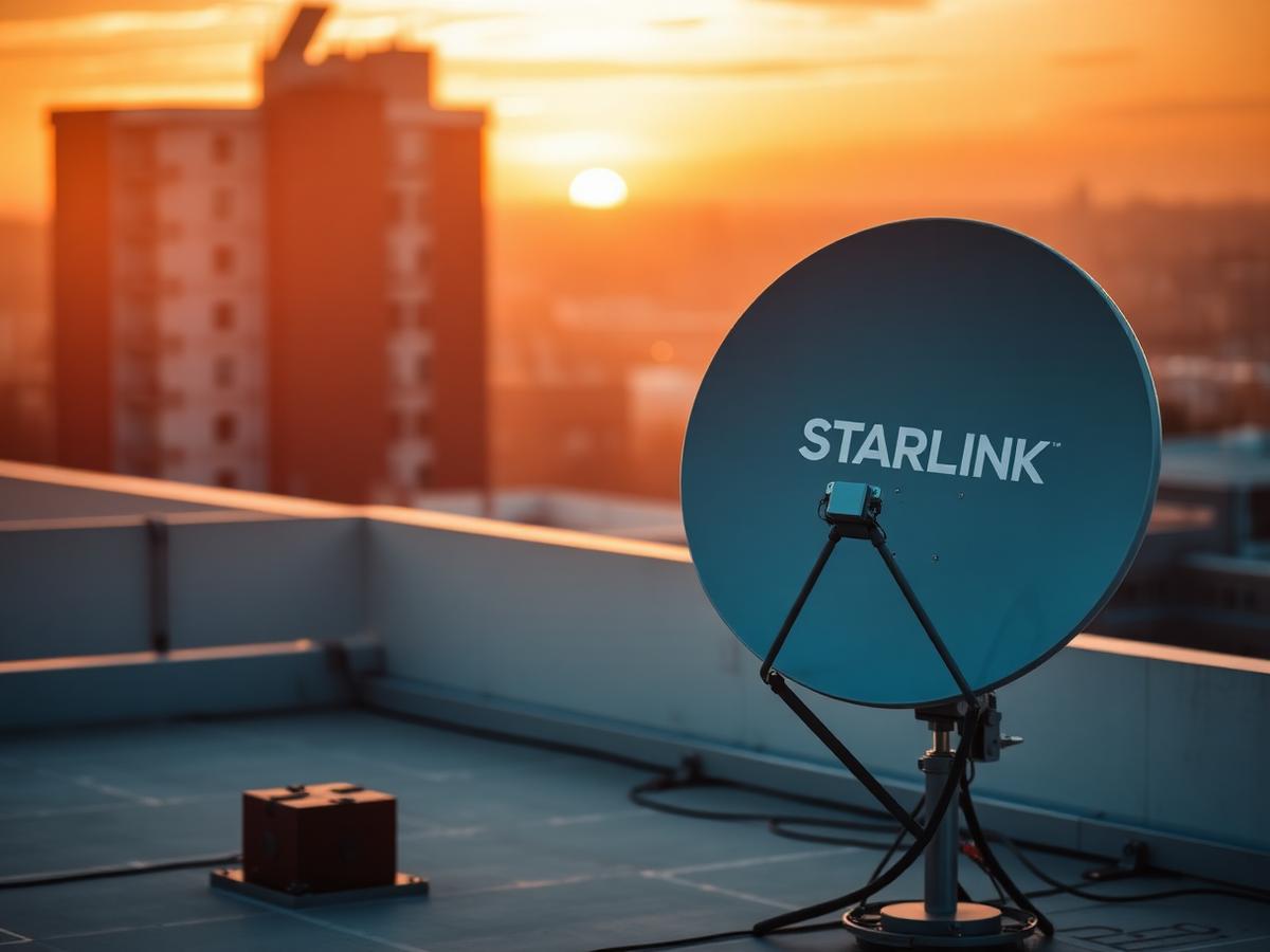 Starlink dish installed on a rooftop at sunset